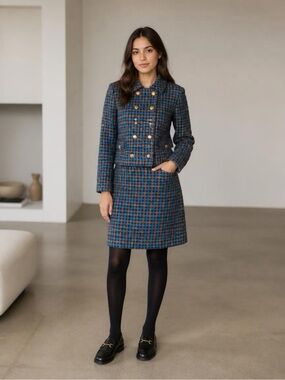 Vintage Blue and Rust Plaid Skirt Suit Set